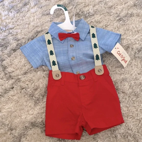 NWT Cat & Jack baby boys Christmas set with suspenders 0-3 month - Picture 1 of 2